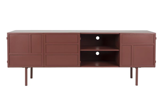 Mueble de TV industrial en hierro rojo óxido con 2 estantes abiertos.