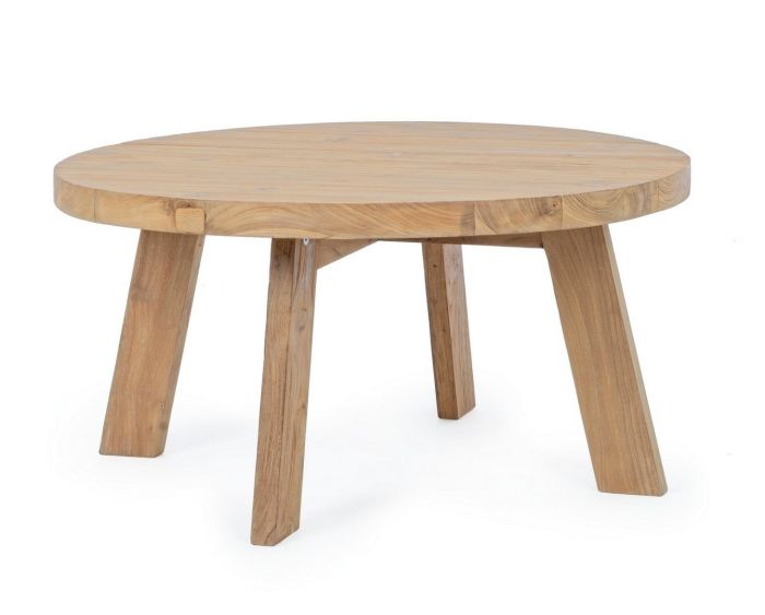 Mesa de centro exterior nórdica en madera de teca reciclada natural.