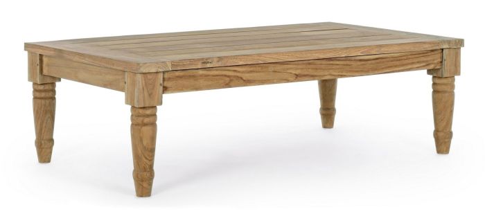 Mesa de centro rectangular jardín nórdica en madera de teca natural con vetas visibles.
