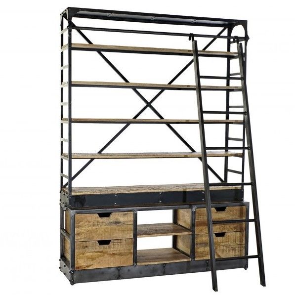 Librería con Escalera Estilo Industrial Madera Reciclada Natural, 226 Cm