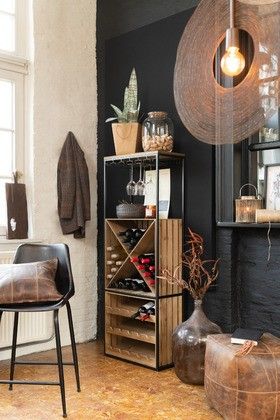 Armario Bar Madera/Metal Natural/Negro, 160 Cm