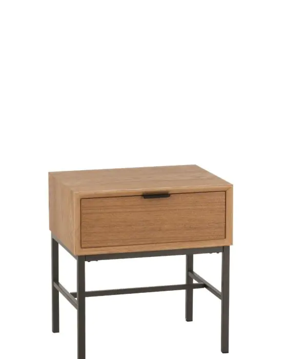 Mesita De Noche Madera natural Metal Negro 1 Cajón