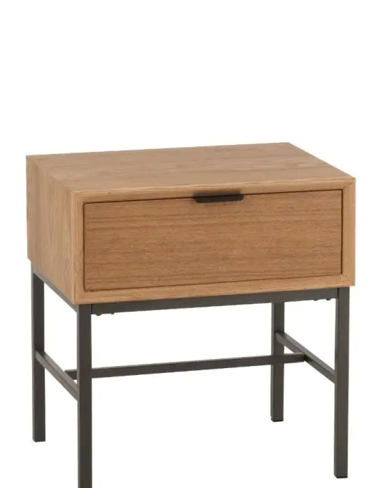 Mesita De Noche Madera natural Metal Negro 1 Cajón