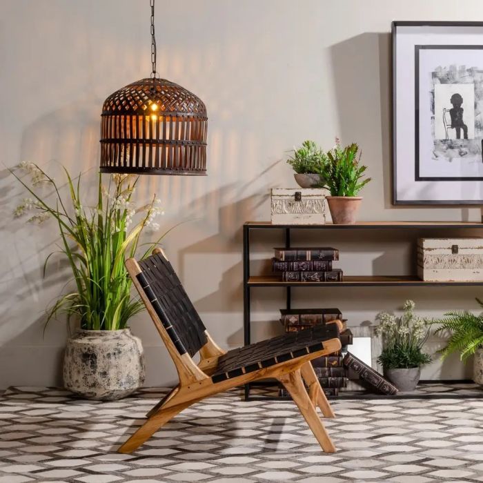 Sillón Escandinavo Madera Teka/ Piel Negro, 87 CM