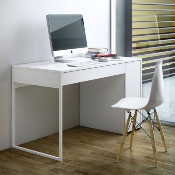 Escritorio Madera Reciclada Blanco Metal Cromado, 130 Cm
