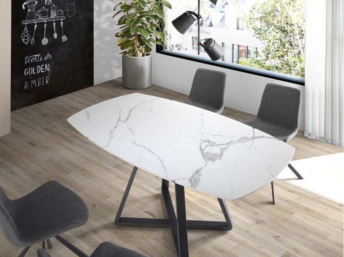 Mesa Comedor Ovalada Tapa Extensible Porcelánico Blanco Acero, 120/ 178 Cm