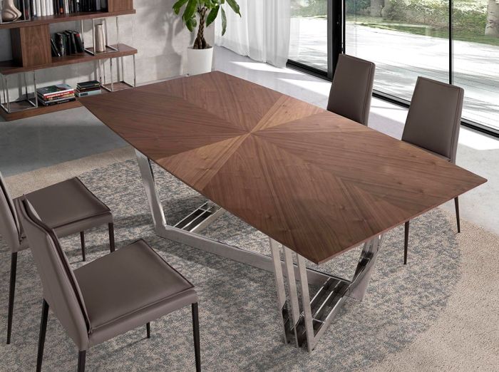 Mesa Comedor Madera Nogal Acero Cromado, 220 Cm