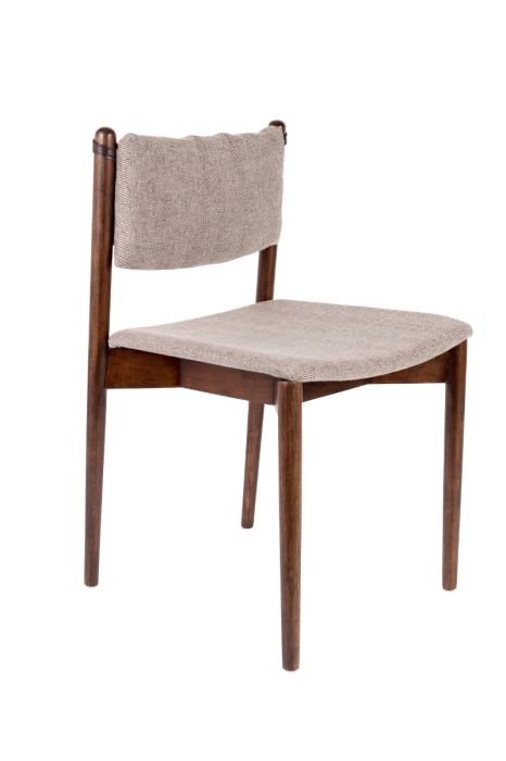 Silla mid-century en madera de acacia y contrachapada marrón tapizado en tela gris con espigas.