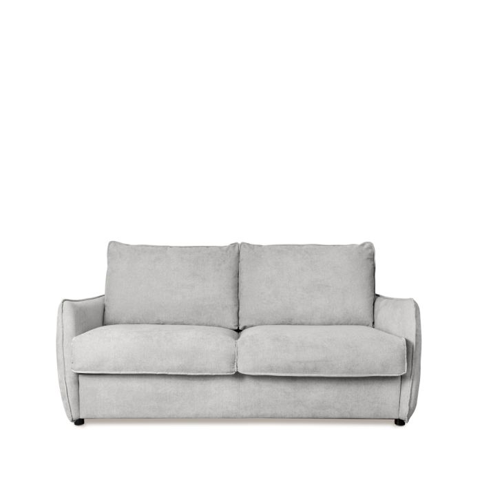 Sofá cama nórdico en estructura de metal, tapizado en tela color gris y con colchón viscoelástico.
