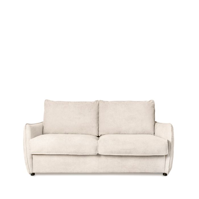 Sofá cama nórdico en estructura de metal, tapizado en tela color beige y con colchón viscoelástico.