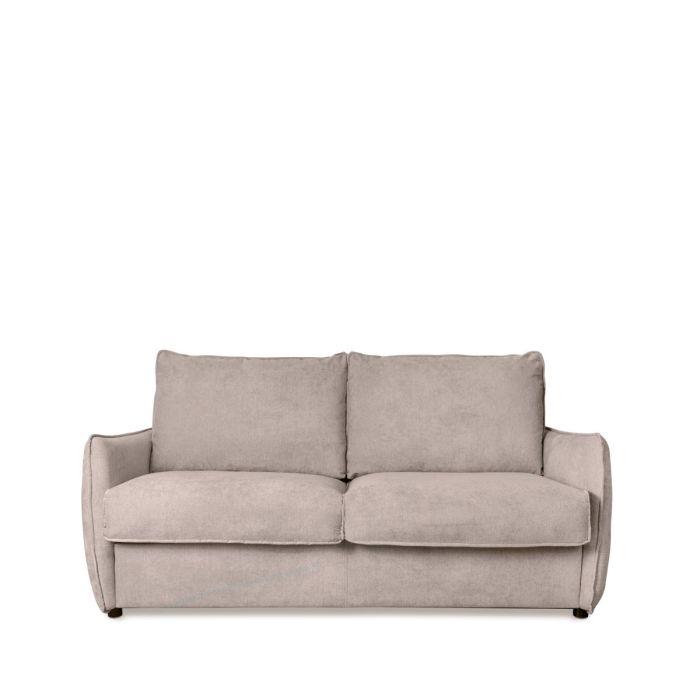 Sofá cama nórdico en estructura de metal, tapizado en tela color taupe y con colchón viscoelástico.