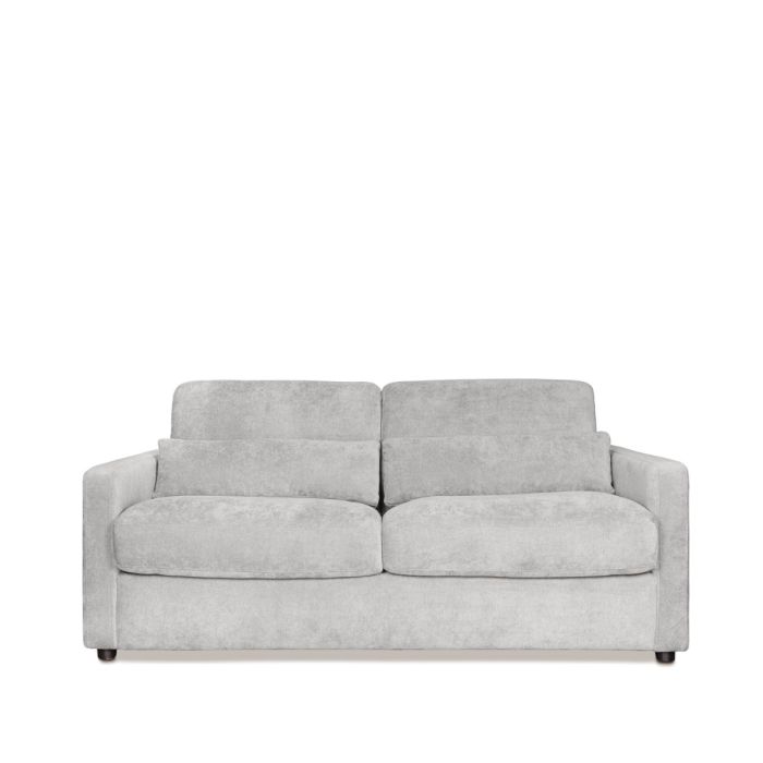 Sofá cama nórdico en estructura de metal, tapizado en tela color gris y con colchón viscoelástico.