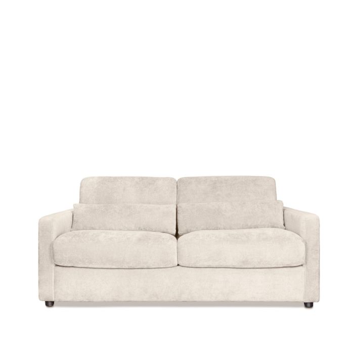 Sofá cama nórdico en estructura de metal, tapizado en tela color beige y con colchón viscoelástico.