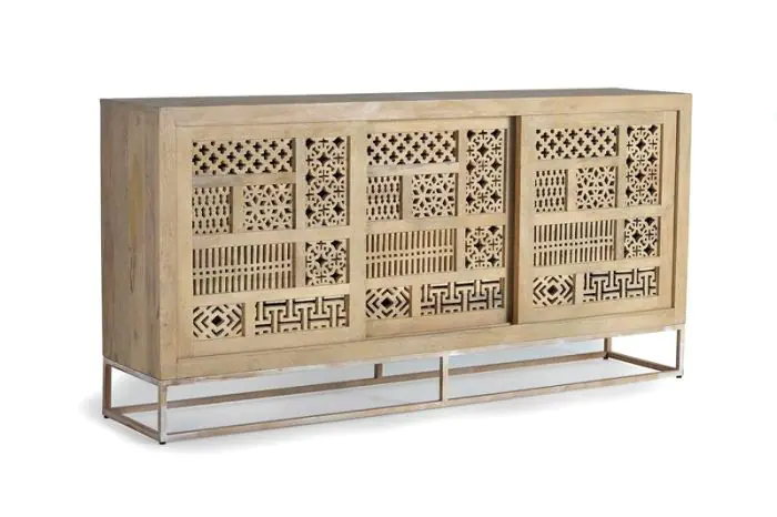 Aparador 3 Puertas Correderas Talladas Madera Mango Natural Metal, 190 Cm