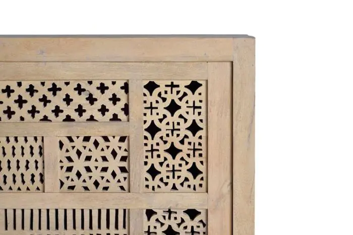 Aparador 3 Puertas Correderas Talladas Madera Mango Natural Metal, 190 Cm