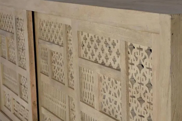 Aparador 3 Puertas Correderas Talladas Madera Mango Natural Metal, 190 Cm