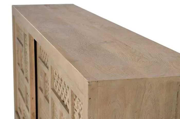 Aparador 3 Puertas Correderas Talladas Madera Mango Natural Metal, 190 Cm