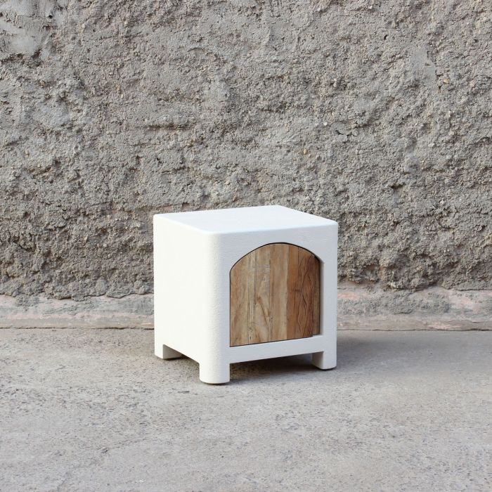 Mesita Noche Madera Reciclada Natural Blanco Efecto Cemento, 45 Cm