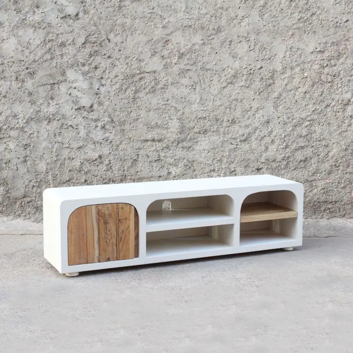 Mueble TV Blanco Efecto Cemento Madera, 165 Cm