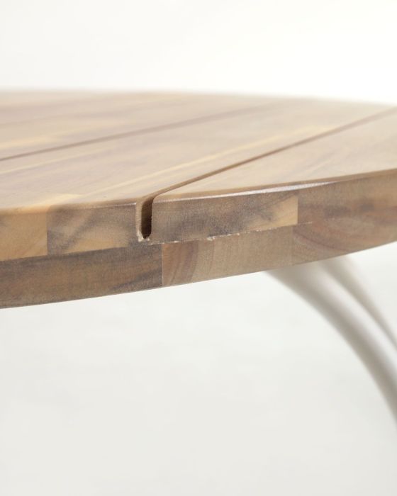 Mesa Redonda Exterior Madera Natural Acero Blanco, 90 Cm
