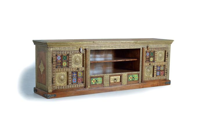 Mueble de TV Madera Acacia Azulejo Bronce