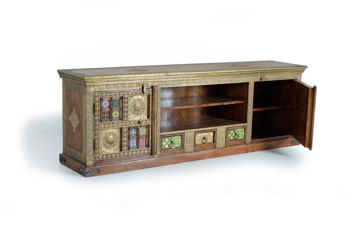 Mueble de TV Madera Acacia Azulejo Bronce, 180 Cm