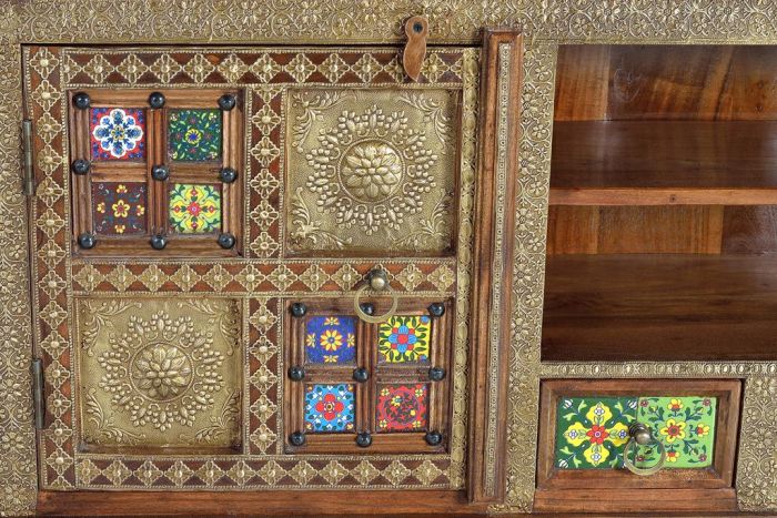 Mueble de TV Madera Acacia Azulejo Bronce, 180 Cm