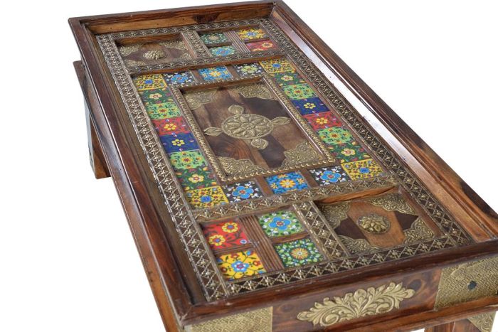 Mesa Centro Madera Bronce Azulejos Cristal, 120 Cm