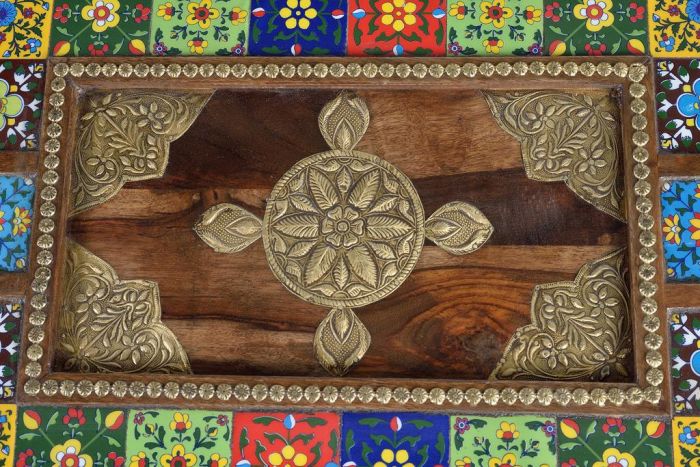 Mesa Centro Madera Bronce Azulejos Cristal, 120 Cm