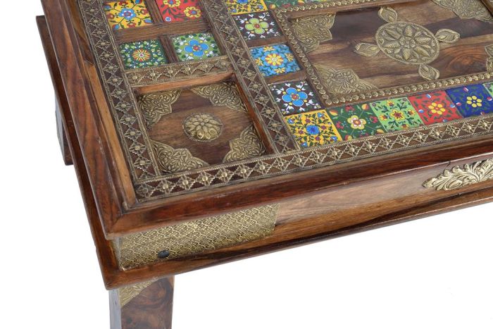 Mesa Centro Madera Bronce Azulejos Cristal, 120 Cm
