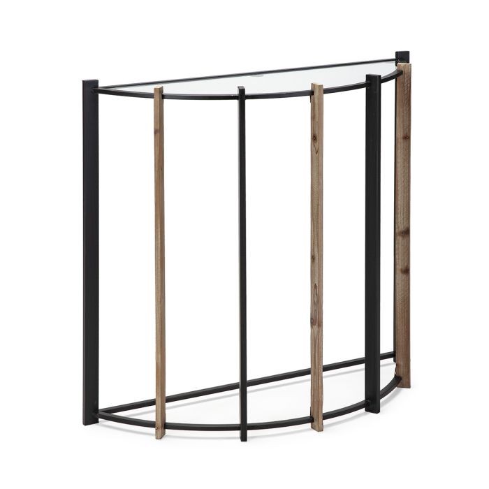 Consola industrial moderno con sobre de cristal y estructura de madera natural y metal negro.