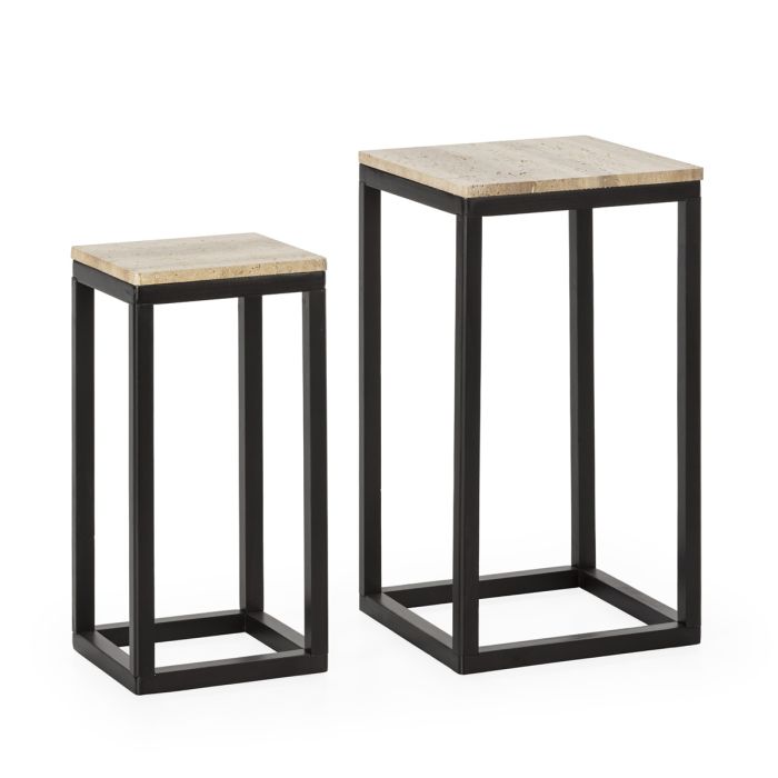 Set de 2 Mesas Auxiliares Madera de Abeto y Mármol en Negro.