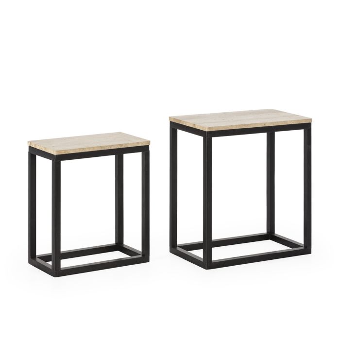 Set de 2 Mesas  Madera de Abeto y Mármol Travertino en Negro.