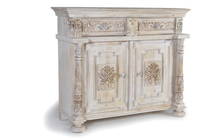 Aparador Estilo Vintage-Oriental Blanco Envejecido Madera Mango, 120 Cm