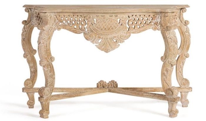 Consola Tallada Estilo Oriental Madera Mango Blanco Envejecido, 120 Cm