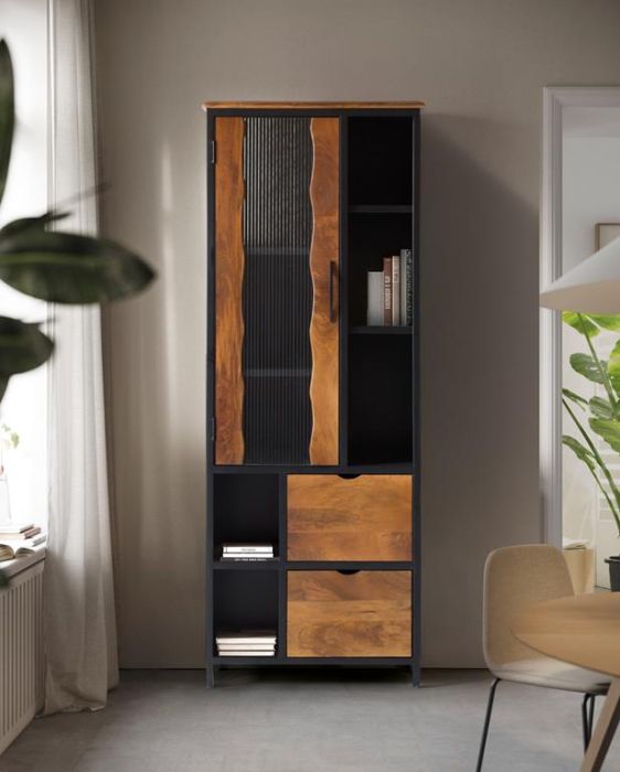 Vitrina Industrial 1 Puerta 2 Cajones Madera Mango Metal, 198 Cm