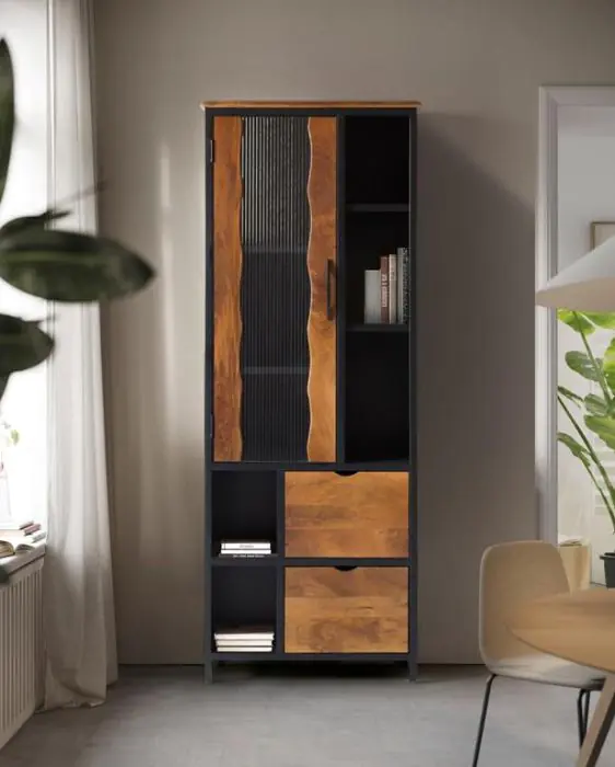 Vitrina Industrial 1 Puerta 2 Cajones Madera Mango Metal, 198 Cm