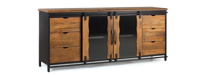 Aparador 2 Puertas Correderas Estilo Industrial Madera Mango Metal, 190 Cm