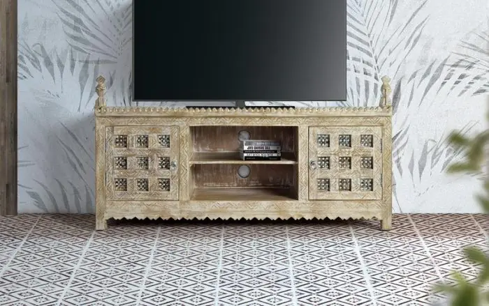 Mueble TV Madera Blanco Envejecido 2 Puertas, 150 Cm