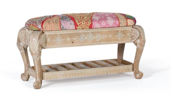 Banqueta vintage tejido multicolor madera decorada