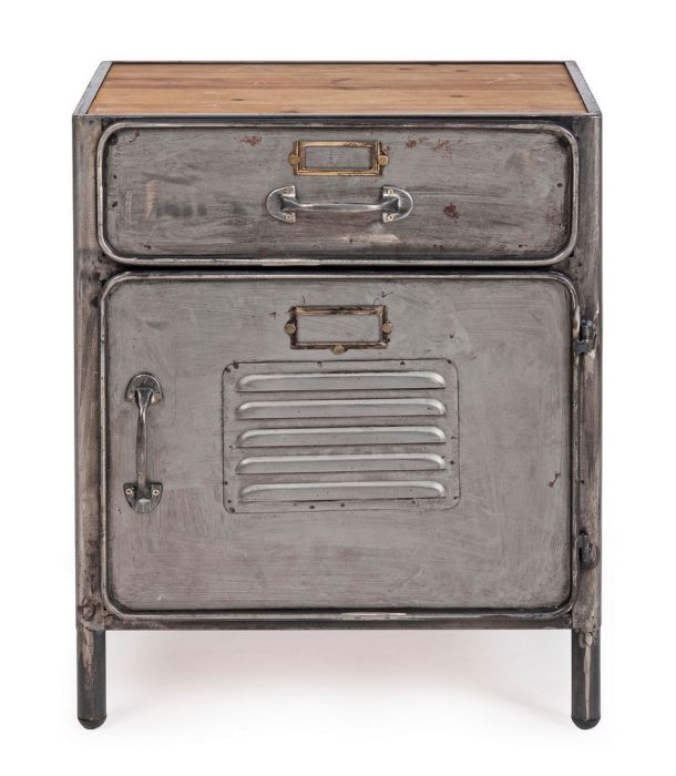 Mesita de Noche Taquilla Store Estilo Industrial Acero Barnizado Madera de Pino, 45 Cm