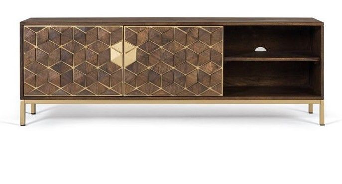Mueble TV 2 Puertas Madera Mango Color Nogal Metal Dorado, 145 Cm
