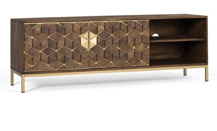 Mueble TV 2 Puertas Estilo Art Decó Madera Mango Color Nogal Metal Dorado, 145 Cm