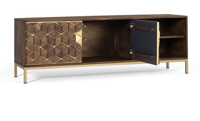 Mueble TV 2 Puertas Madera Mango Color Nogal Metal Dorado, 145 Cm