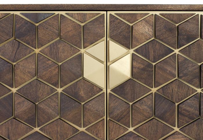 Mueble TV 2 Puertas Madera Mango Color Nogal Metal Dorado, 145 Cm