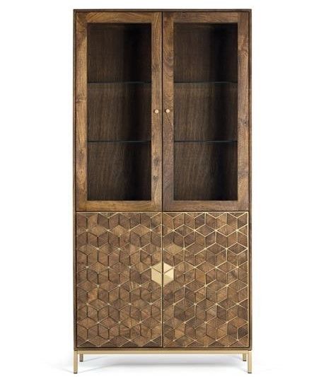 Vitrina 2 Puertas Estilo Art Decó Cristal Madera Mango Metal Color Nogal Dorado, 200 Cm