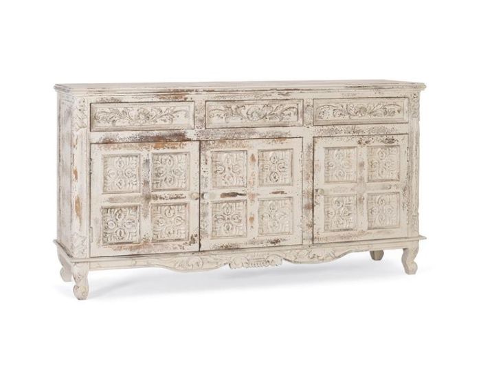 Aparador Estilo Oriental-Vintage Tallado Blanco Craquelado, 175 Cm