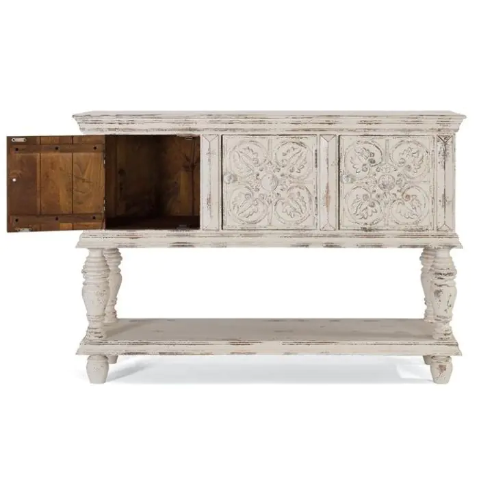 Consola Motivos Florales Madera Mango Blanco Envejecido