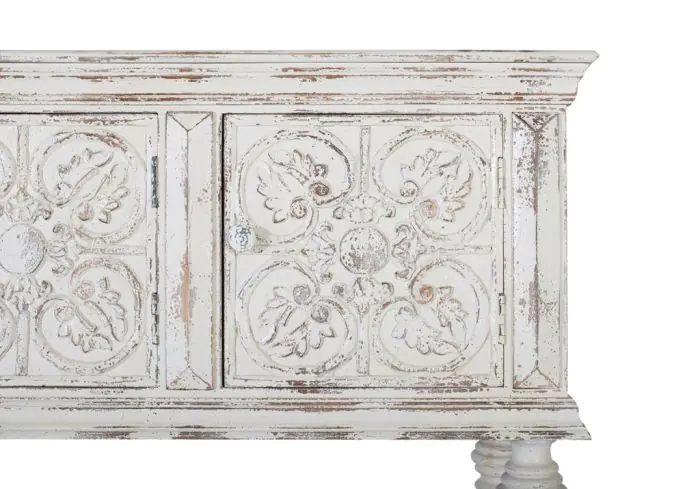 Consola Motivos Florales Madera Mango Blanco Envejecido
