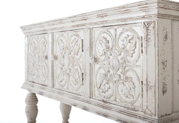 Consola Motivos Florales Madera Mango Blanco Envejecido